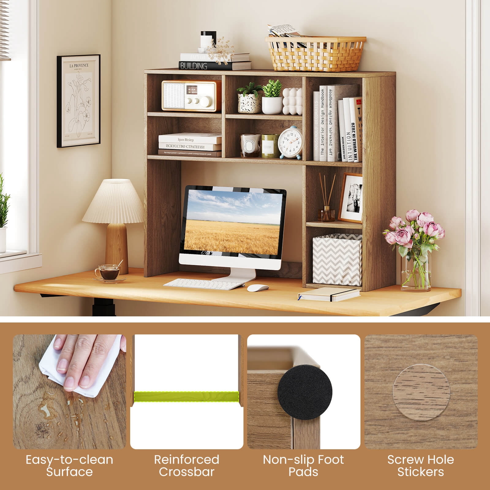 Costway Desktop Bookshelf Desk Storage Hutch with 7 Open Cubbies & 3 Adjustable Shelves Natural