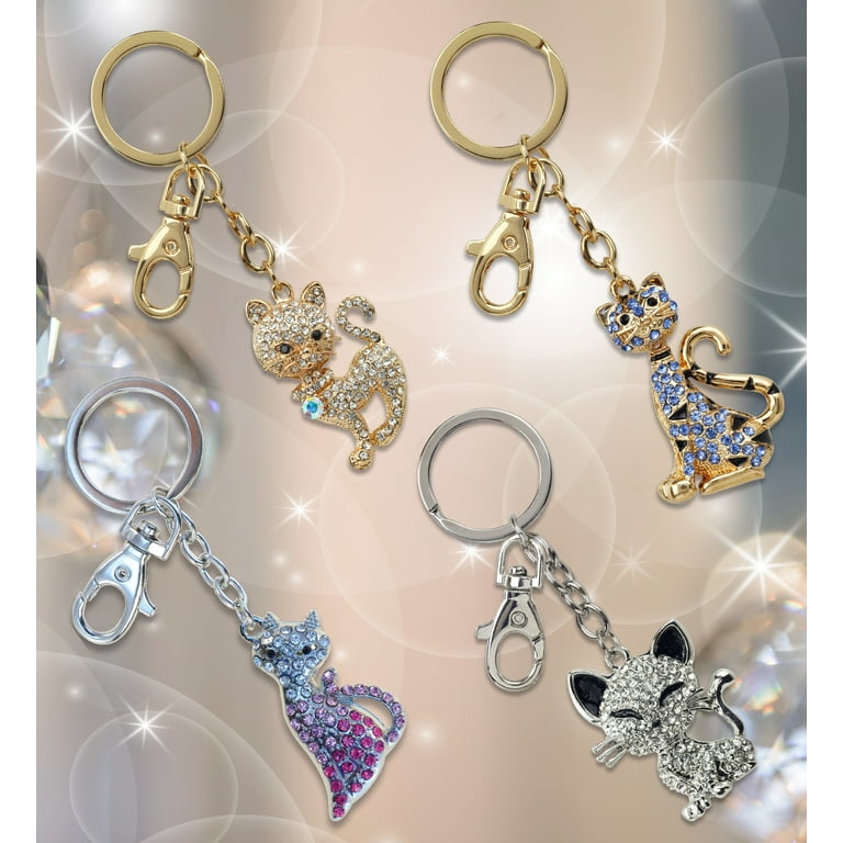 Aqua79 Cats Sparkling Silver Keychains Set of 4 – Pink, Happy, Blue Tiger,  Stylish Cat Charm Rhinestones, Silver Metal Key Ring – Accessory with Clasp