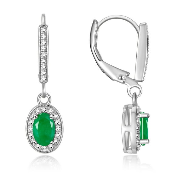 Rylos 14K White Gold Dangling Earrings - 6X4MM Oval Emerald & Sparkling Diamonds -  Exquisite Birthstone Jewelry
