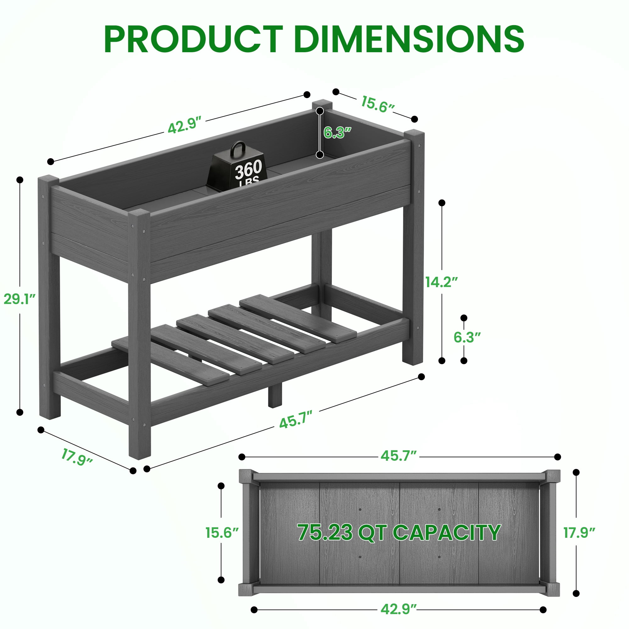 SERWALL HDPE Raised Garden Bed with Legs, 43"x16"x30" Elevated Planter Box, Outdoor Planter for Vegetables Flowers, Gray