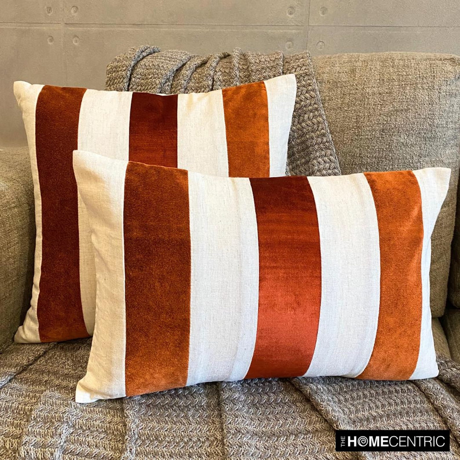 Autumn Throw Pillow cover Orange 22"x22" (55x55 cm) Velvet & Linen Patchwork, Striped, Color Block, Halloween, Fall, Autumn Pillows, Decor, Fall Home Décor Cushion cover Modern - Velvet Band Orange