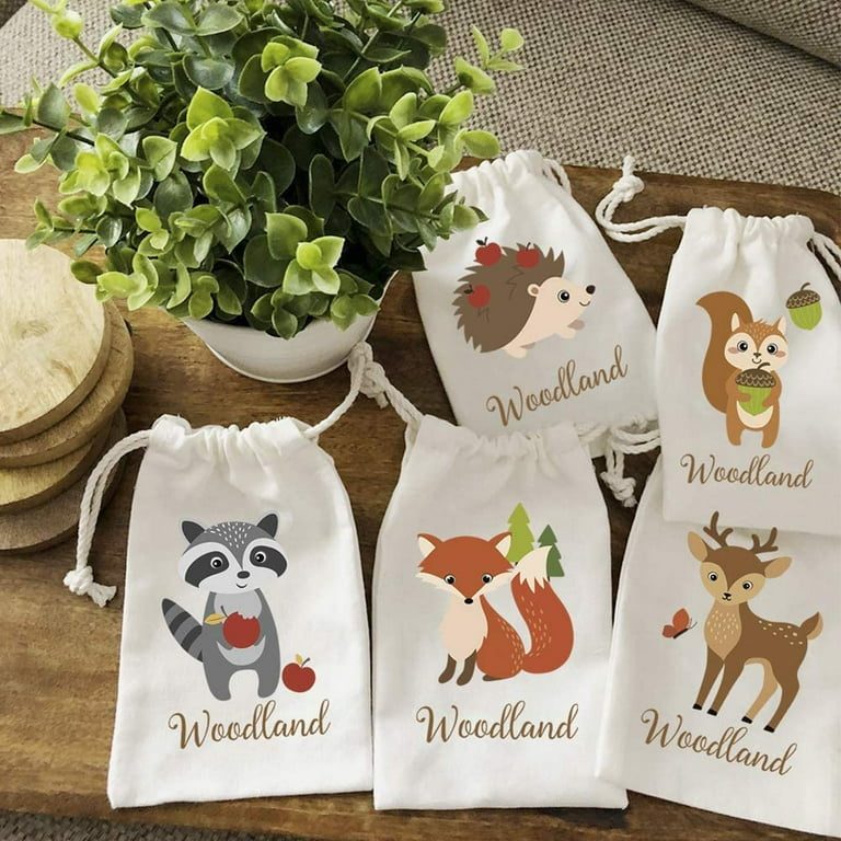 Woodland Creatures Favor Bags Baby Shower Candy Treat Gift Bags Goodie  Drawstring Woodland Bags 5 x 8'' 10 Pack 
