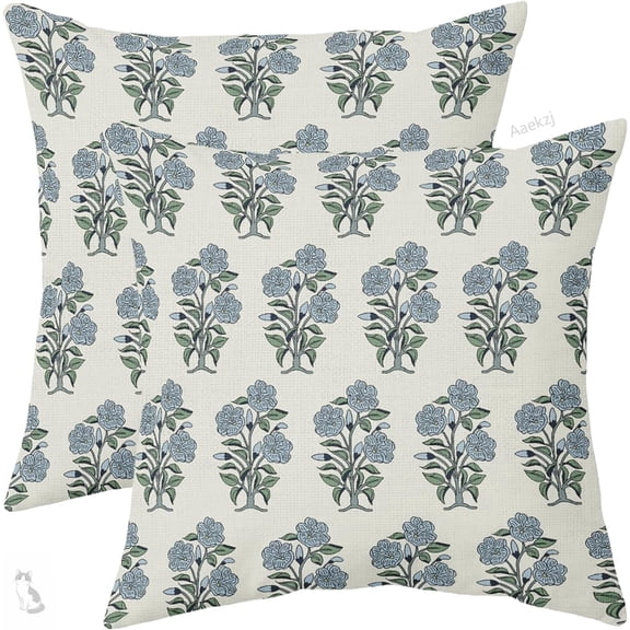 Aaekzj Blue Green Floral Block Print Pillow Covers 16x16 Set of 2 Chinoiserie Flower Leaves Outdoor Decorative Farmhouse Pillowcases Linen Cushion Case Decor for Home Sofa Couch Bed