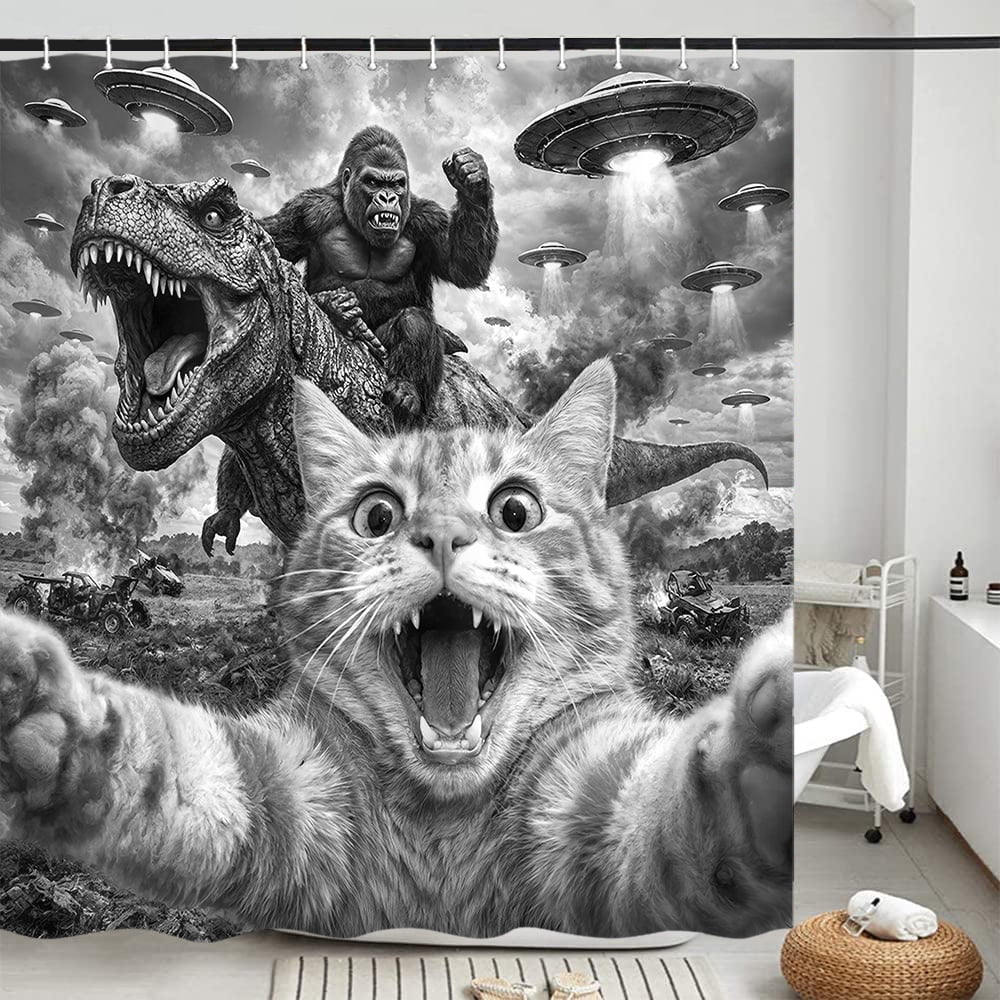 Funny Giant Cat Dinosaur Shower Curtain - Hilarious Selfie Cat UFO Bathroom Curtain Waterproof Fabric Set with 12 Hooks,72X72in
