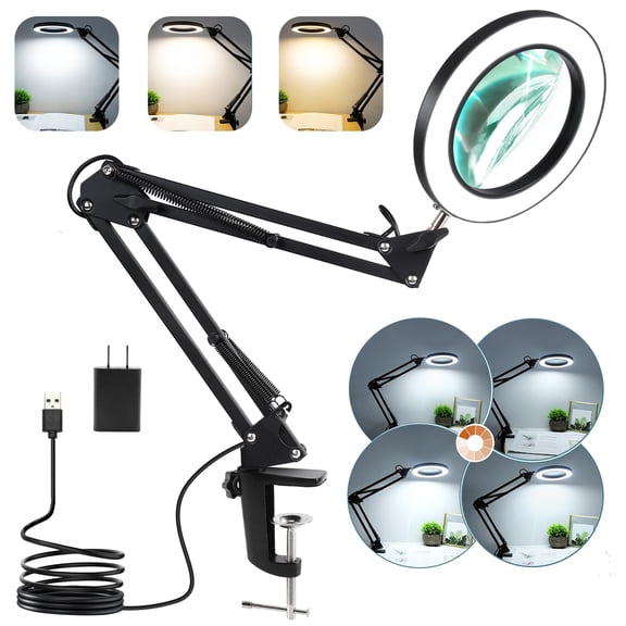 VISONHEART Magnifying Glass with Light and Stand, Real Glass Lens 3 Color Modes Dimmable Clamp Desk Lamp for Crafts Reading Repair