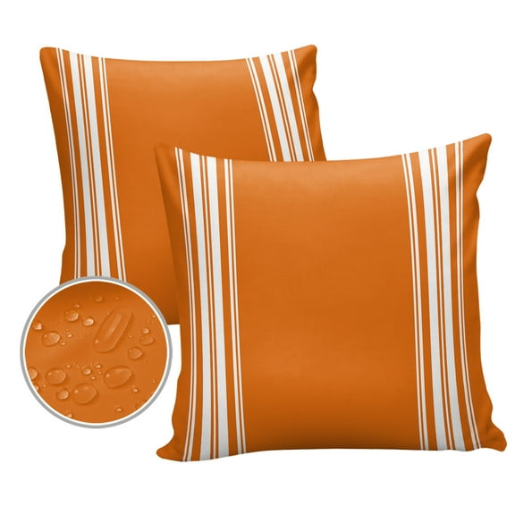 Pack of 2 Outdoor Pillow Covers, Farmhouse Orange White Stripe Waterproof Square Throw Pillowcase Cushion Decorative Pillow Covers for Couch Patio Tent, 20x20 in