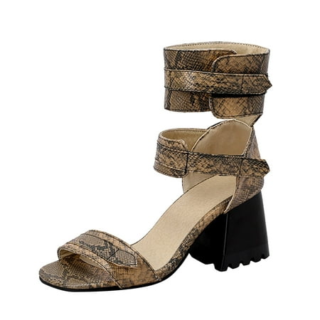 

Sandals Women Ladies Fashion Snakeskin Leather Hollow Open Toe Thick High Heel Hook Loop Roman Sandals