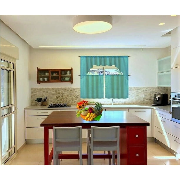 Juego de 3 cortinas de gasa transparente con bolsillo para barra K66, color turquesa, para ventana y cocina, con paneles de 2 niveles y cenefa a juego para decoración de cocina y baño.