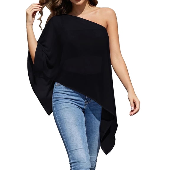 BODOAO Women’s One Shoulder Asymmetrical Blouse Batwing Sleeve Flowing Poncho Top Loose Fit Elegant Tunic Shirt for Party Evening Vacation Wedding Guest Dressy Outfits Black L