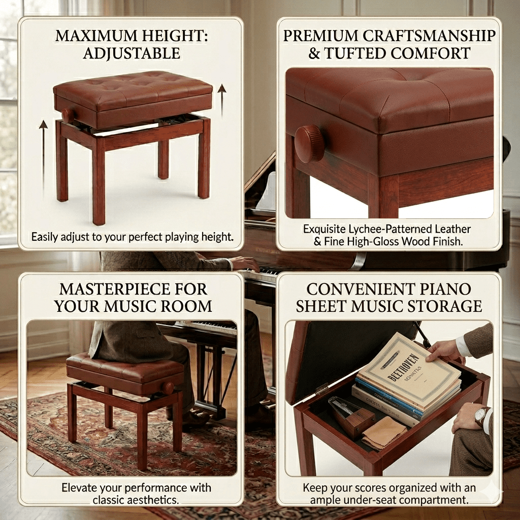 Adjustable Wooden Piano Bench Stool with Sheet Music Storage Brown