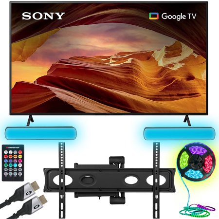 Sony KD65X77L X77L 65 Inch 4K HDR LED Smart TV with Google TV (2023) Bundle with Monster Cables Home Theater Setup Package - Full Motion Mount, Monster HDMI Cables, & Sound Reactive RGB Light Strip