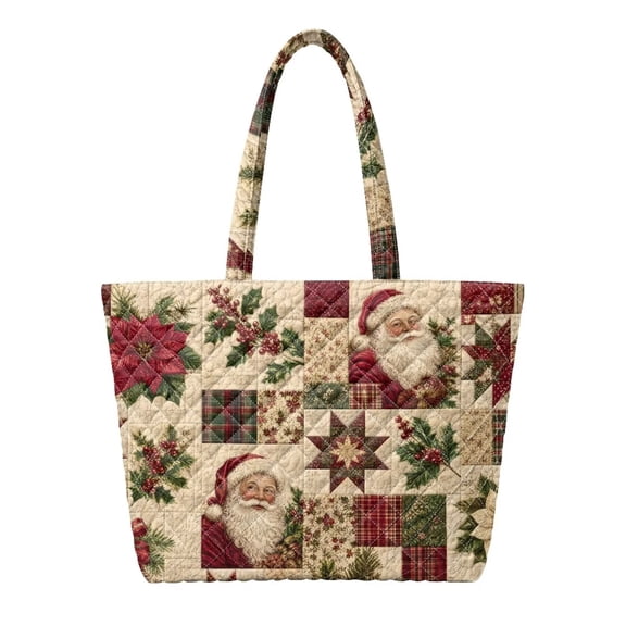 Aplkyhs Vintage Santa Patchwork Padded Shoulder Tote, Secure Zipper Closure Quilted Handbag for Christmas Shopping, Holiday Travel, Gift Carrying and Daily Use