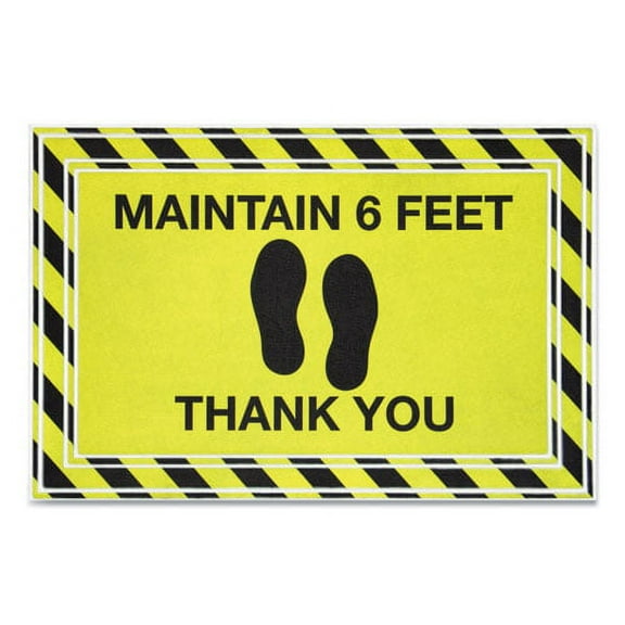 Message Floor Mats, 24 X 36, Black/yellow, "maintain 6 Feet Thank You" | Bundle of 2 Each