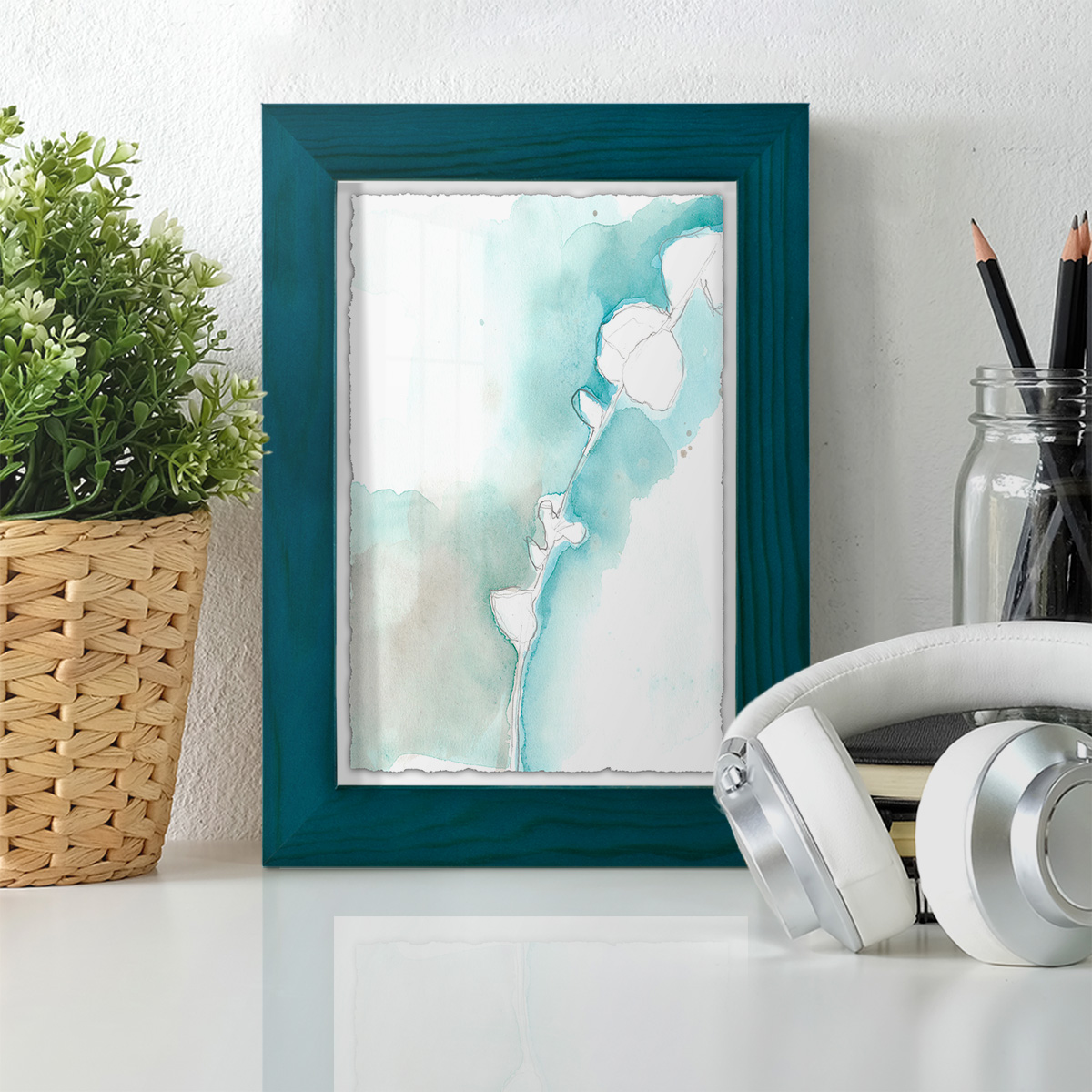 Ginkgo on Dusty Teal VII - Framed Print w/glass - Ocean Blue