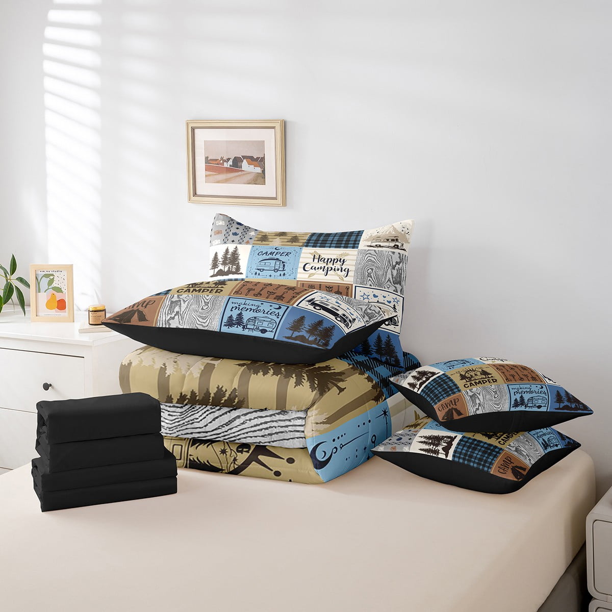 YST Happy Camping Bedding Set Queen Rv Camper Comforter Set 7 Piece For Travel Trailers Bunks,Rustic Buffalo Plaid Pine Trees Camper Car Decor Bed In A Bag Rv Accessories For Inside Bed Set