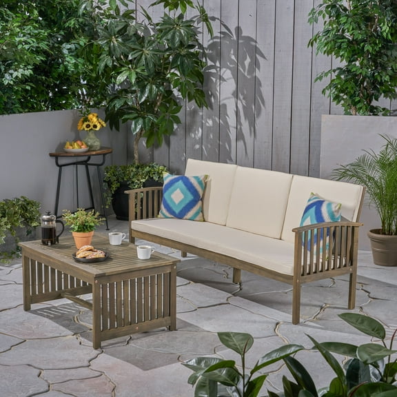 Noble House Carolina Outdoor Acacia Wood Sofa and Coffee Table Set in Gray