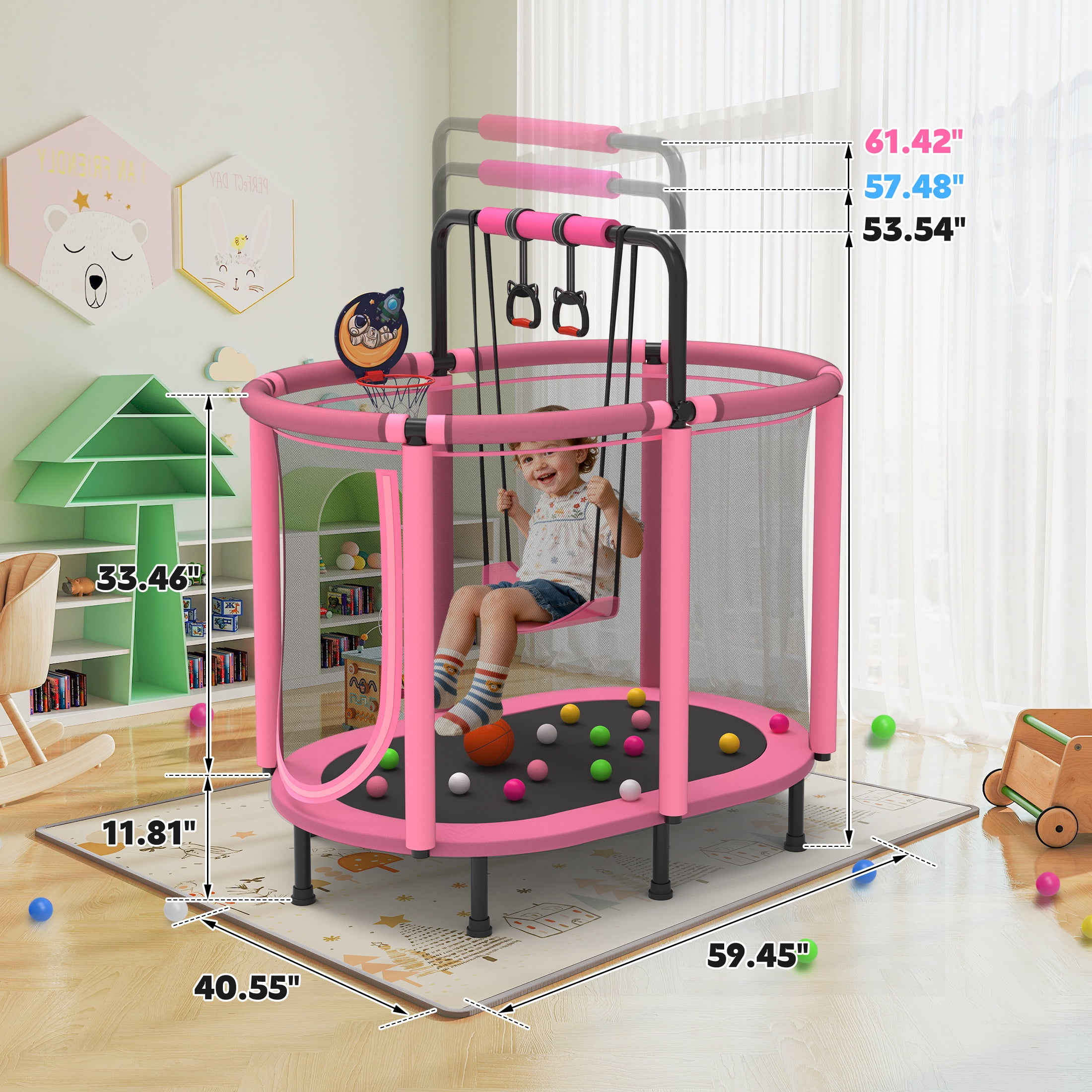 60" Toddler Trampoline with Safety Enclosure Net, SEGMART Upgraded Kids Trampoline with Basketball Hoop, Swing, Rings, Balls, Indoor Outdoor Mini Trampoline Birthday Gift for Kids Ages 3-9