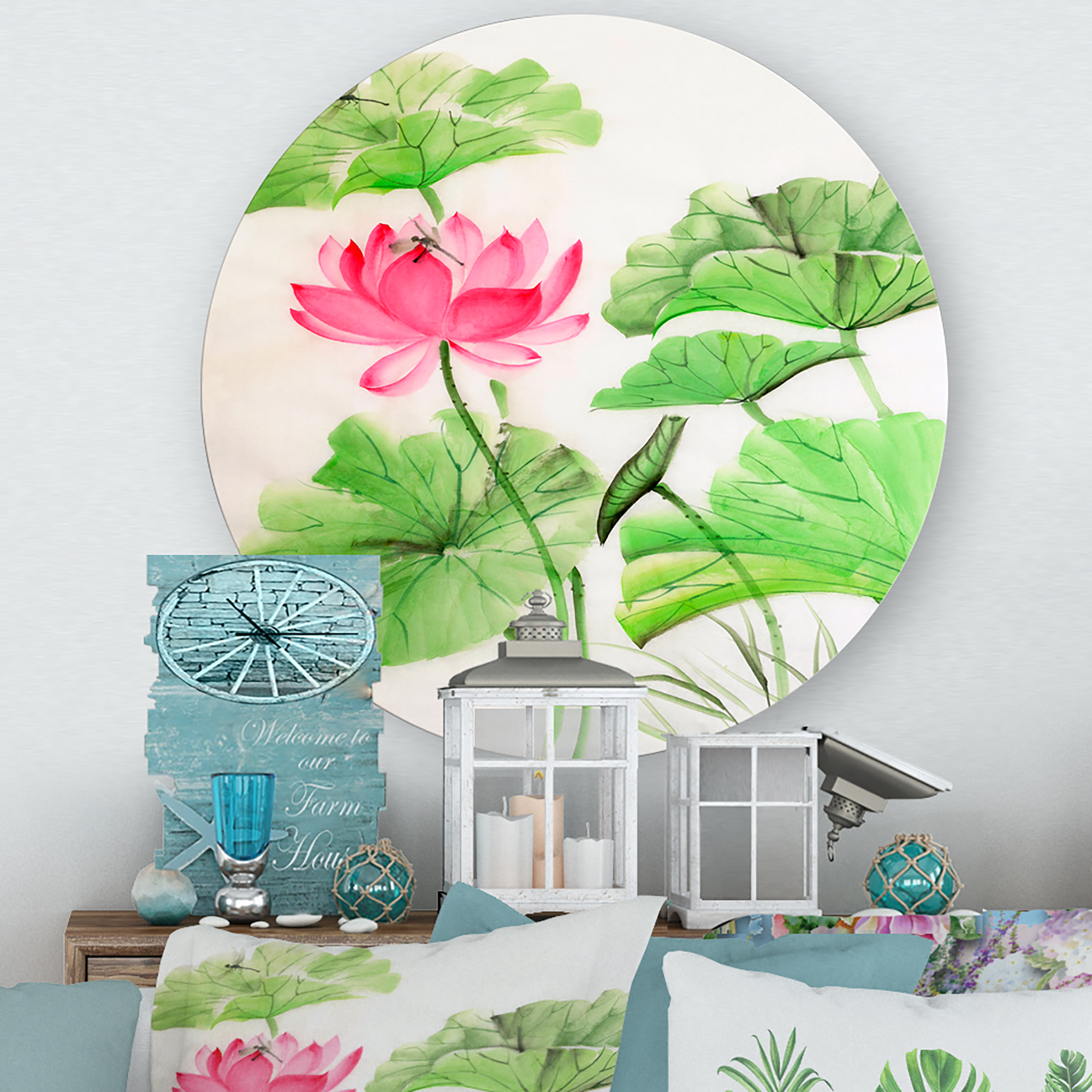 Designart 'Dragonfly and Lotus' Traditional Circle Metal Wall Art 23x23 - Disc of 23