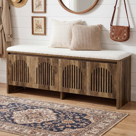 Tribesigns 55-Inch Shoe Storage Bench with Cushion Padded Seat, 2-Tier Entryway Bench with 4 Doors and Storage Shelves for Living Room, Hallway, Bedroom