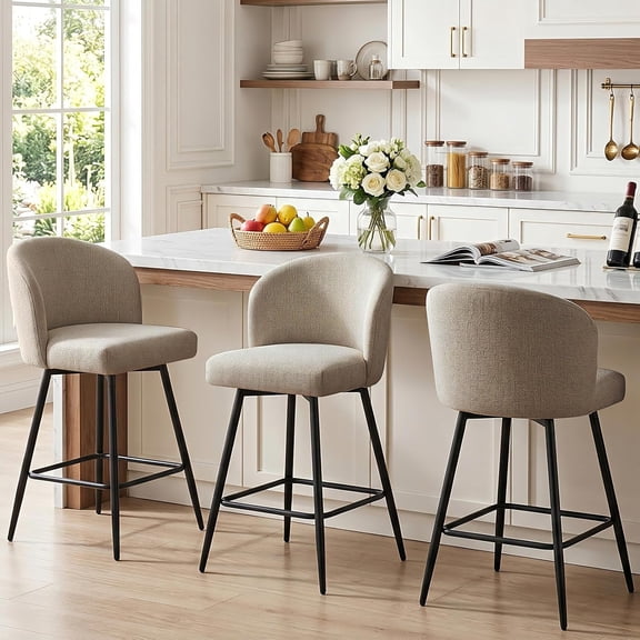 Counter Height Bar Stools Set of 3, 360° Swivel Upholstered Barstools with Backs, Metal Legs, 26" H Seat, Linen Fabric, Redish Sand