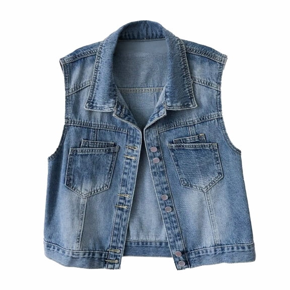 Washed Denim Vest for Women Collared Button Front Sleeveless Vest Casual Layerlook Waistcoat for Everyday Wear Blue M