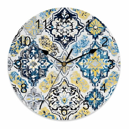 Silent Wall Clocks Battery Operated, Boho Retro Round Decorative Wall Clock for Living Room Bedroom Kitchen Bathroom Classroom Decor, 12 Inch Ethnic Tribal Floral Pattern Blue Yellow
