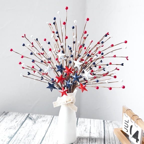 Qocolhg 4th of July Decorations Patriotic Artificial Berry Stem Picks 16'' Independence Day Decor White Blue Red Stars Memorial Day Faux Berry Branches Table Centerpiece Decor for Home Office