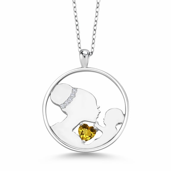 Gem Stone King Keren Hanan Mother`s Affection 0.51 Ct Yellow Citrine E-F Lab Grown Diamond 925 Sterling Silver Pendant Necklace for Women with 18 inch Silver Chain