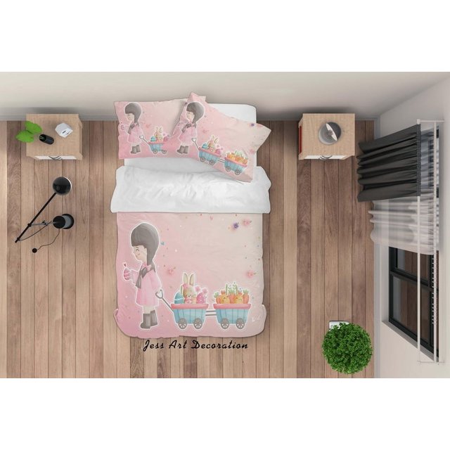 3D Conejo Niña Huevos Zanahoria Floral Funda de edredón Set Ropa de Cama Funda Nórdica