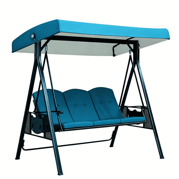 XIBUFE 3 Seat Outdoor Porch Swing Convertible Patio Swing Bed with Cup Holder Adjustable Canopy Stand Garden