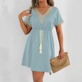 thumbnail image 7 of Efsteb Womens A line V Neck Dress with Pockets Solid Color Short Sleeve Waist Retraction Dress (Light Blue,XXL), 7 of 7
