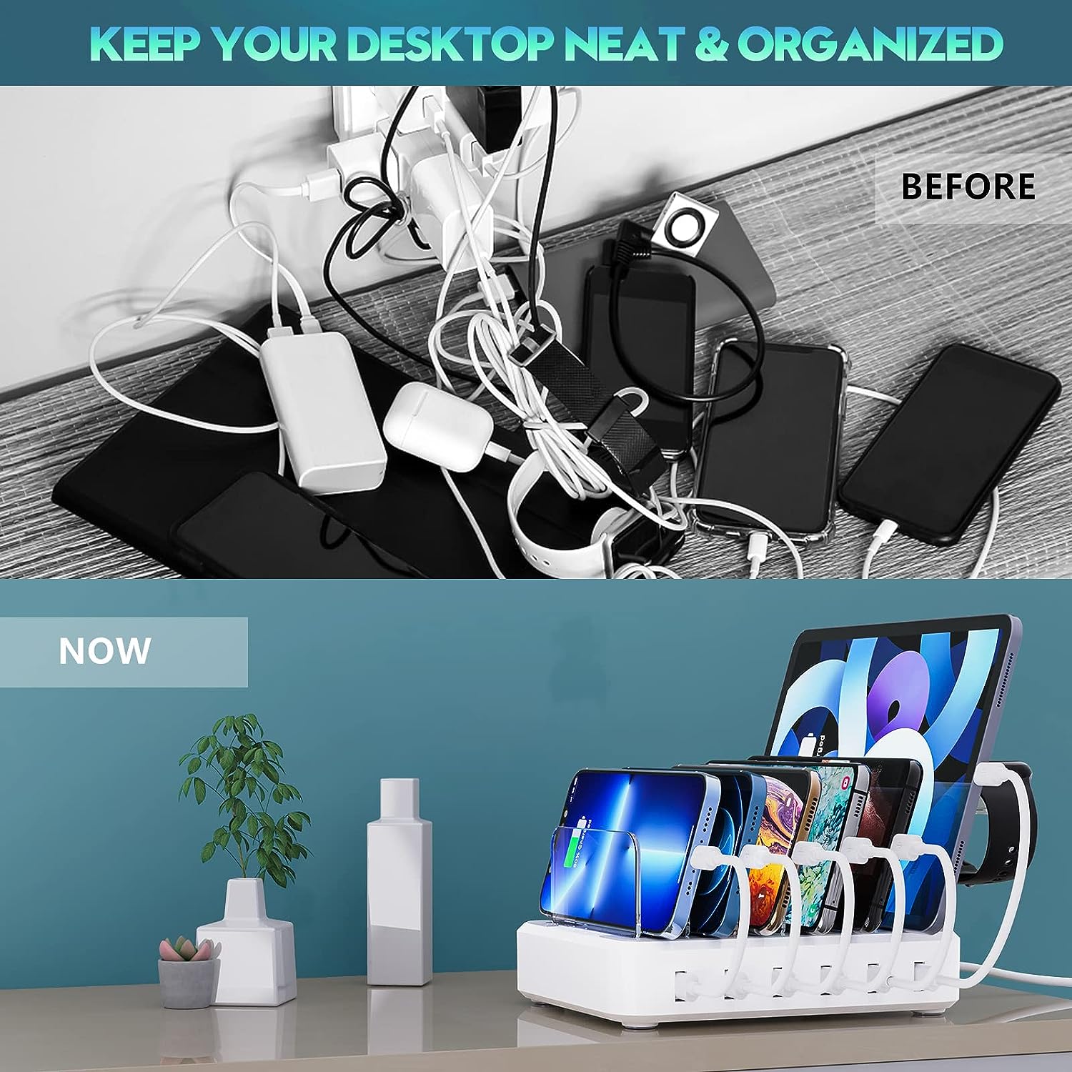 Tancola Charging 6-Ports Docking Station with 7 Mixed Cables Compatible for Iphone, IPad,Iwatch, Ipod, Cellphone & Tablet