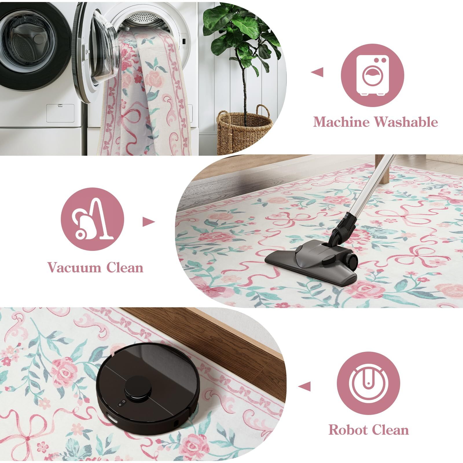 Wonnitar 3'x 5' Floral Area Rugs for Bedroom, Cute Bow Pink Rugs for Kids Room, Washable Accent Rugs Non Slip Low Pile for Nursery Room, Playroom, Vanity Room