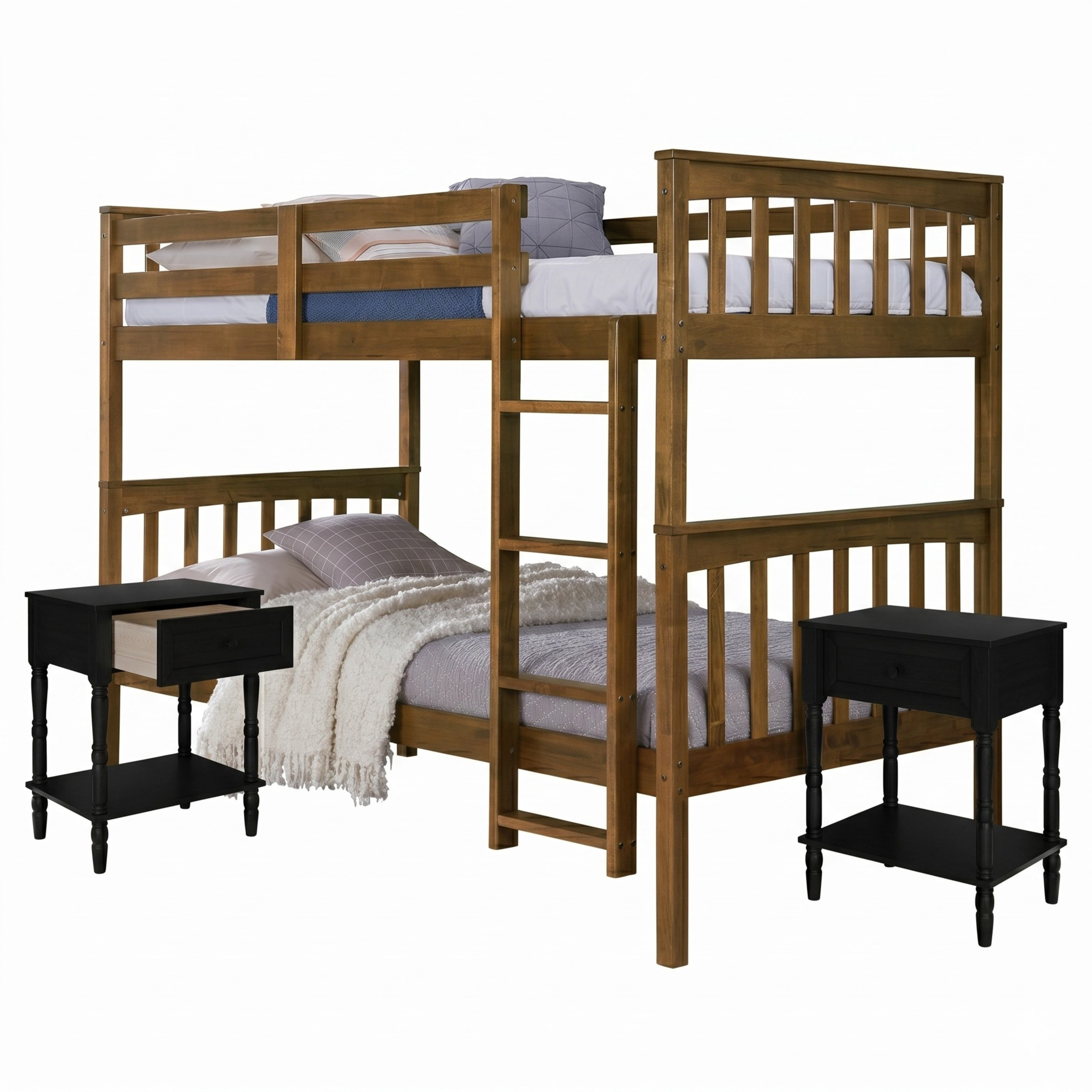 Home Design Ames Twin Over Twin Solid Wood Bunk Bed with 2 Ruston Nightstand – 3-Piece Space-Saving Bedroom Set, Brown/ Black