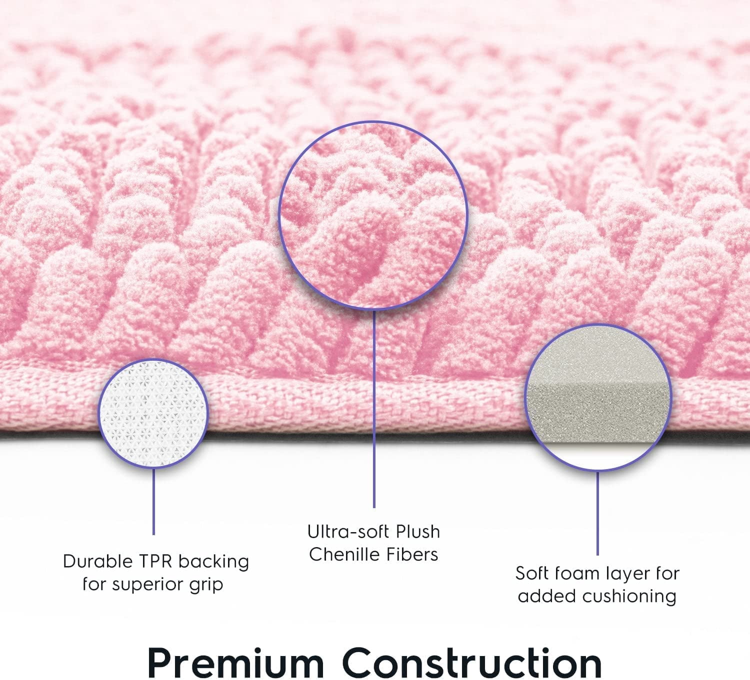 Bathroom Rugs, Extra-Thick Memory Foam Bath Mat, Ultra-Soft Chenille Microfiber, Highly Absorbent, Machine Washable, Shaggy Bath Mats for Bathroom, Circular Cutout (21x32 + 20x22, 2pcs) Lt Pink