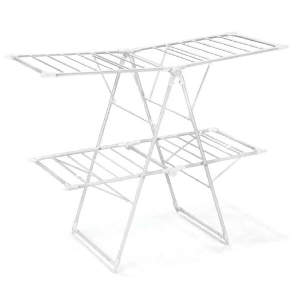 Finihen Drying Rack, Clothes Drying Rack, 2-Level Foldable Clothes Drying Rack with Height-Adjustable Gullwings, for Indoor, Outdoor, White Finihen Drying Rack, Clothes Drying Rack, 2-Level Foldable Clothes Drying Rack with Height-Adjustable Gullwings, for Indoor, Outdoor, White