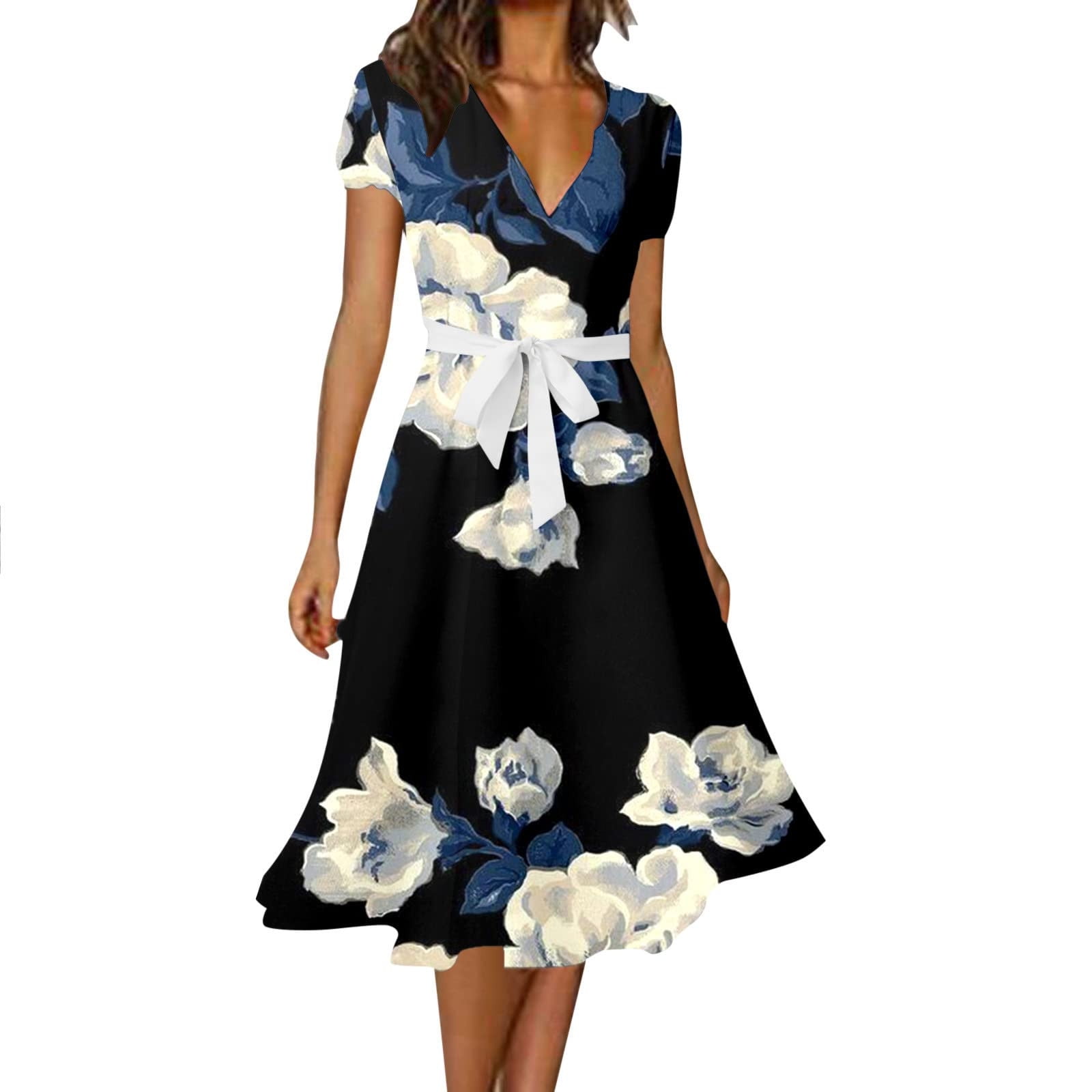 QIPOPIQ Robes Midi pour Femmes à Étages à Manches Courtes Tendance Aguichant Vintage V Robe d'Été Col Imprimé Robes de Soirée Offres 2023