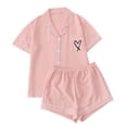 thumbnail image 3 of Asxite Pajamas for Women Set Solid Heart Print Lapel Pocket Short Top with Pants Loungewear 2 Piece, 3 of 5