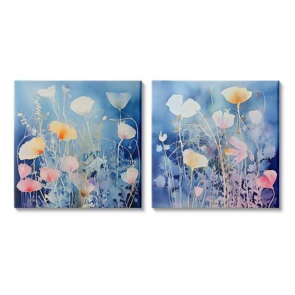 Stupell Industries Abstract Poppies on Blue Botanical & Floral Painting Gallery Wrapped Canvas Art Print Wall Art, 17 x 17, Set of 2