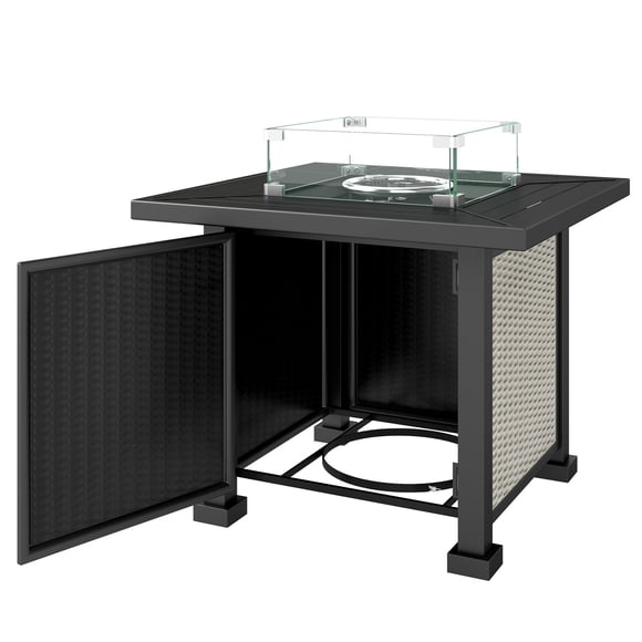 32" Propane Gas Fire Pit Table, 50,000 BTU Square Outdoor Patio Table with Lid and Wind Guard, Grey Wicker Style Steel Design for Garden, Backyard, Porch and Deck Space