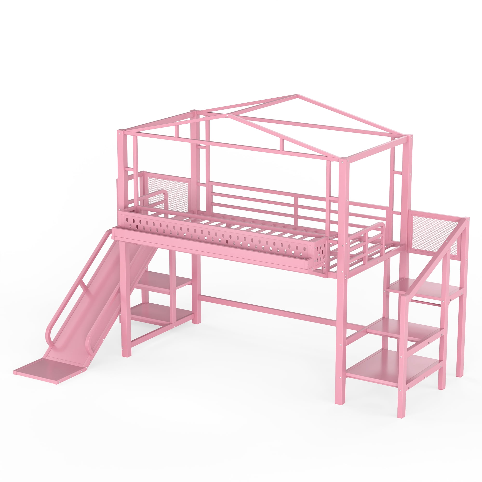 Aukfa Twin Loft Bed with Storage Stairs, Slide, Shelves, USB Ports and LED Lights, Metal Loft Bed for Kids, Noise-Reduced Design, Pink