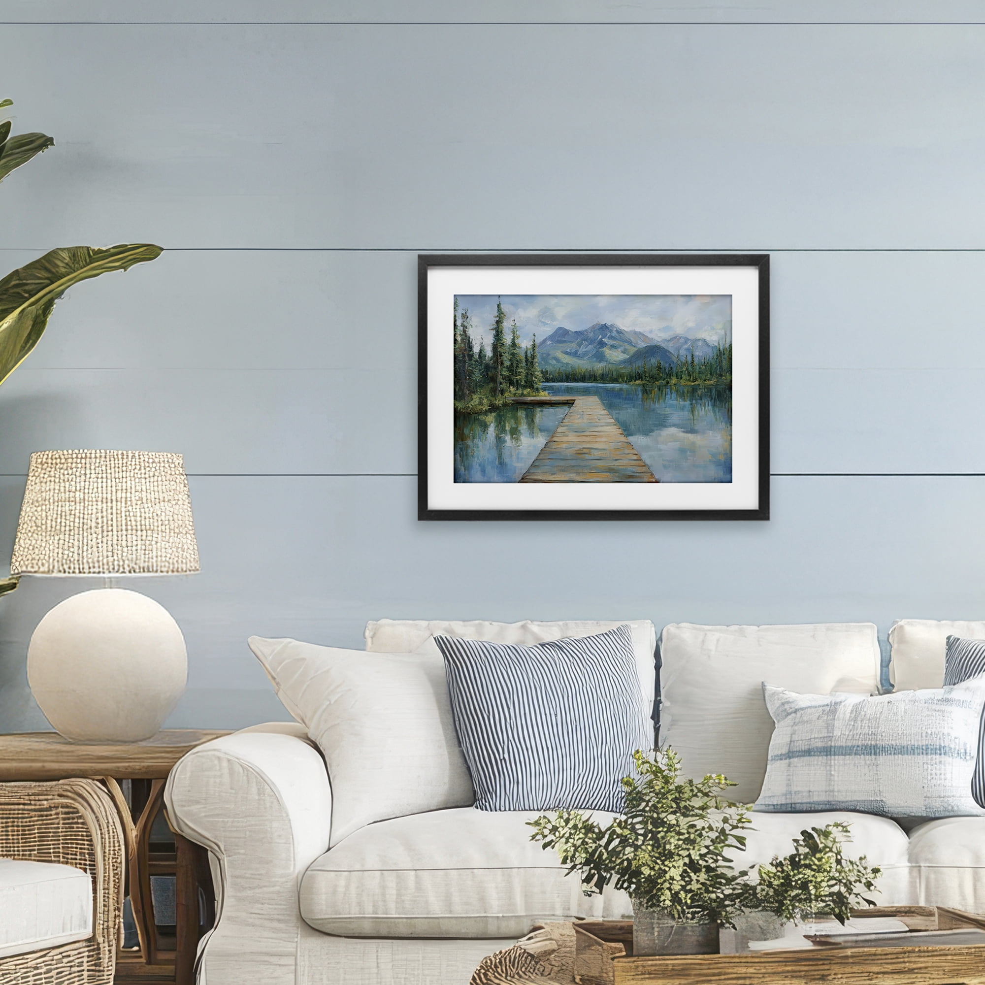 Stupell Industries Peaceful Lake Dock in the Mountains Black Framed Print Under Glass, design by Petal Prints Design