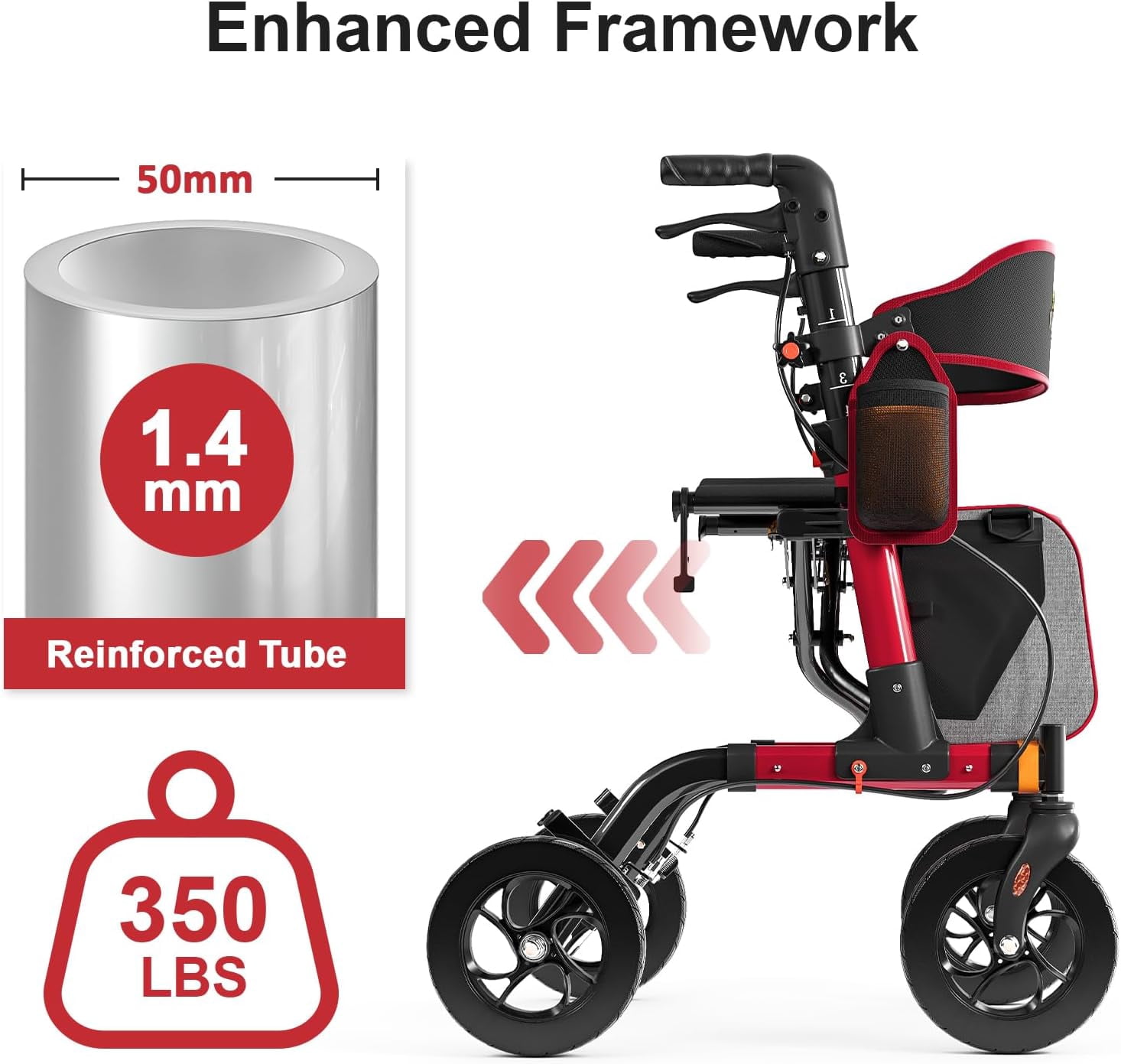 Aukfa Lightweight Rollator Walker with Seat,8" Big Wheels All Terrain Rolling Walker for Seniors,350 lbs Capacity, Red