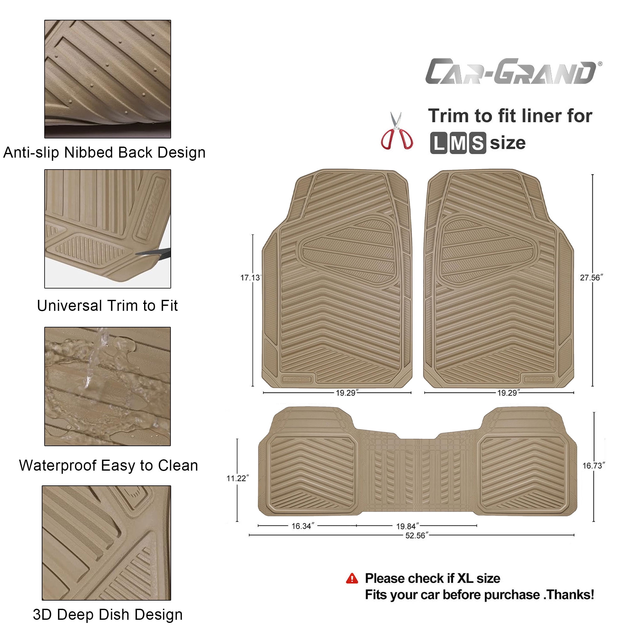 CAR GRAND Rubber Car Floor Mats, All Season All Weather Waterproof Automotive Mats Full Set 3 Pieces, Trim to Fit for Cars Sedans SUVs Trucks, Anti-Slip Easy Clean, All Beige