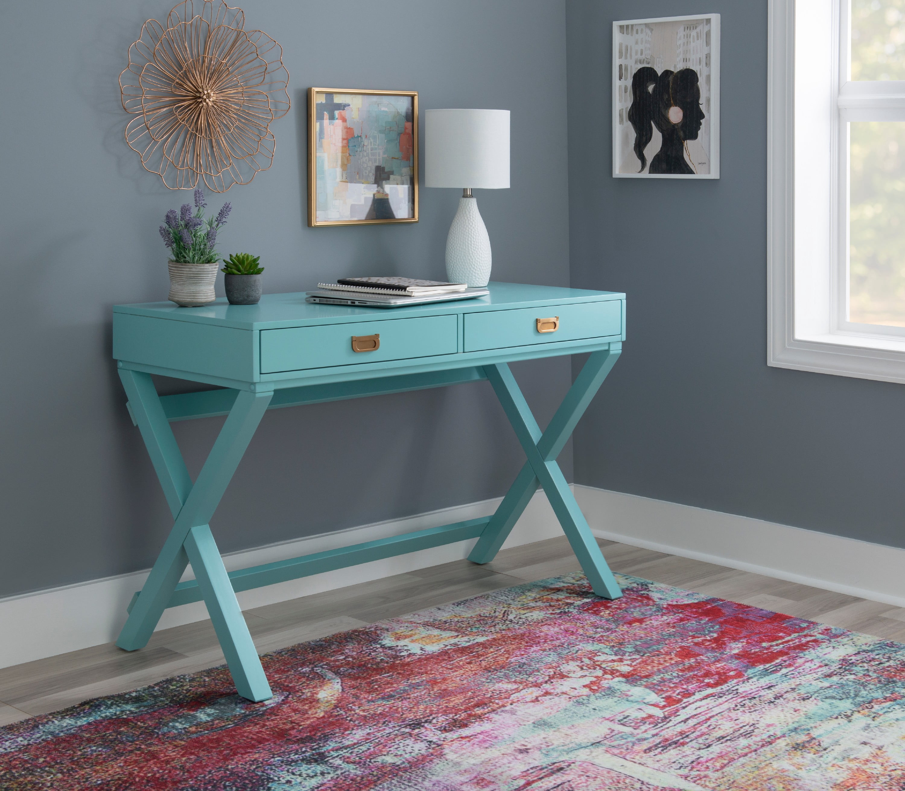 Linon Peggy Two Drawer Writing Desk with X Frame in Blue Painted Wood