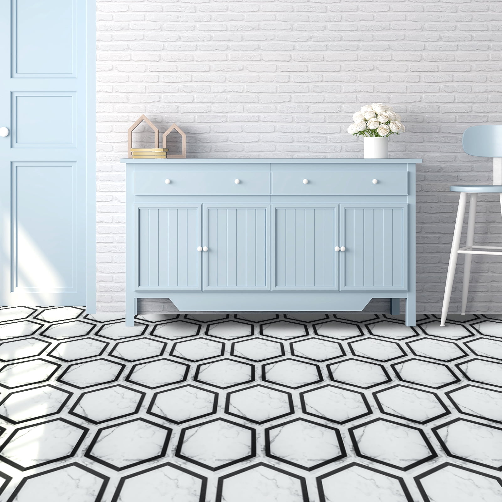 Art3d 30-Pack 11.8" x 10.2" White Marble Hexagon Peel and Stick Flooring Tile, Self Adhesive Waterproof Vinyl Floor Tile