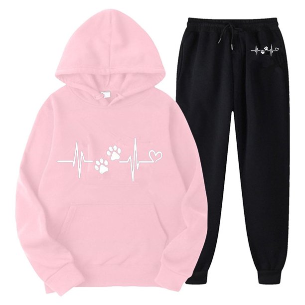 Gibobby Conjuntos de sudadera con bloques Conjuntos de pantalones para mujer Trajes de dos piezas Estampado de corazón Lindo conjunto a juego Sudadera con cap(Rosa,M)