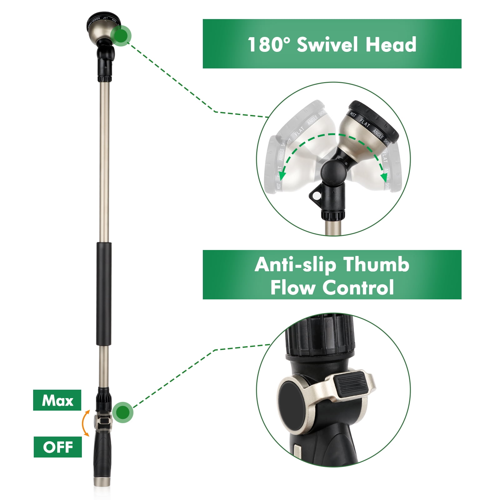 Restmo 36” Metal Watering Wand with 180° Ratcheting Spray Head, 10 Spray Patterns, Heavy Duty Hose Nozzle Sprayer