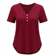 thumbnail image 7 of Women's Short Sleeve Curved Hem Shirts Summer Oversized V-Neck Button Down T-Shirt Casual Plain Daily Wear Tops Red, 7 of 7