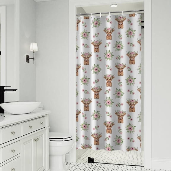 White Highland Cow Flower Pattern Shower Curtain 36"x72" ,Bathroom Decorative Shower Curtains Set with 12 Hooks,Modern Waterproof Washable Shower Curtain